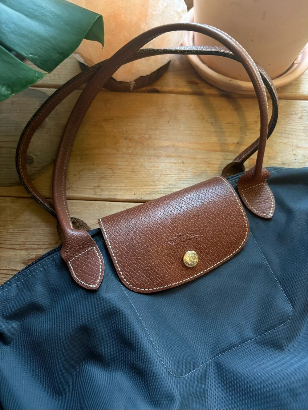 Longchamp Grey Tote with Brown Leather Trim